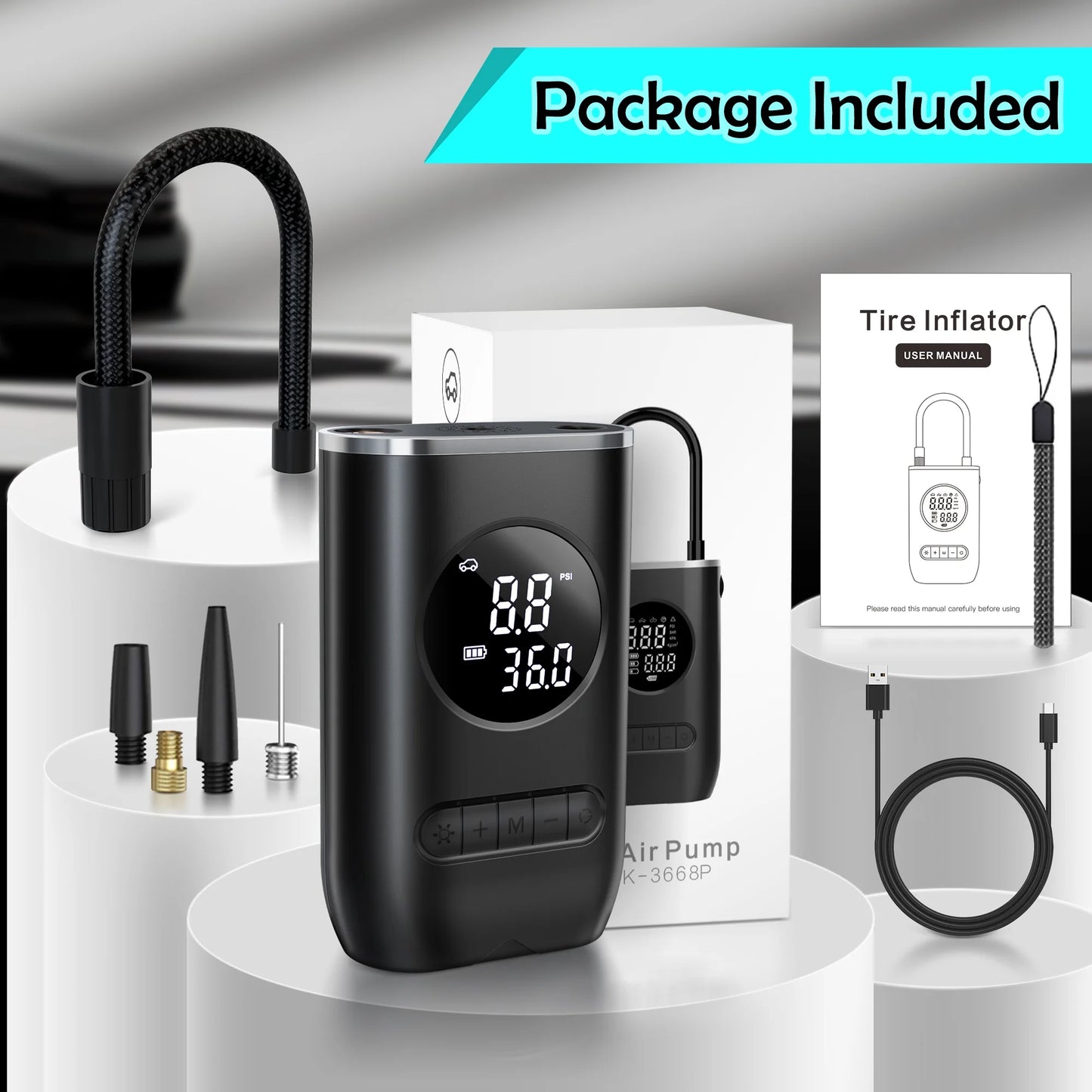 Tire Inflator Portable Air Compressor, 150PSI Cordless Air Pump for Car Tires with Digital Pressure Gauge, Rechargeable Tire Pump with LED Light for Car Bike Motorcycles Balls