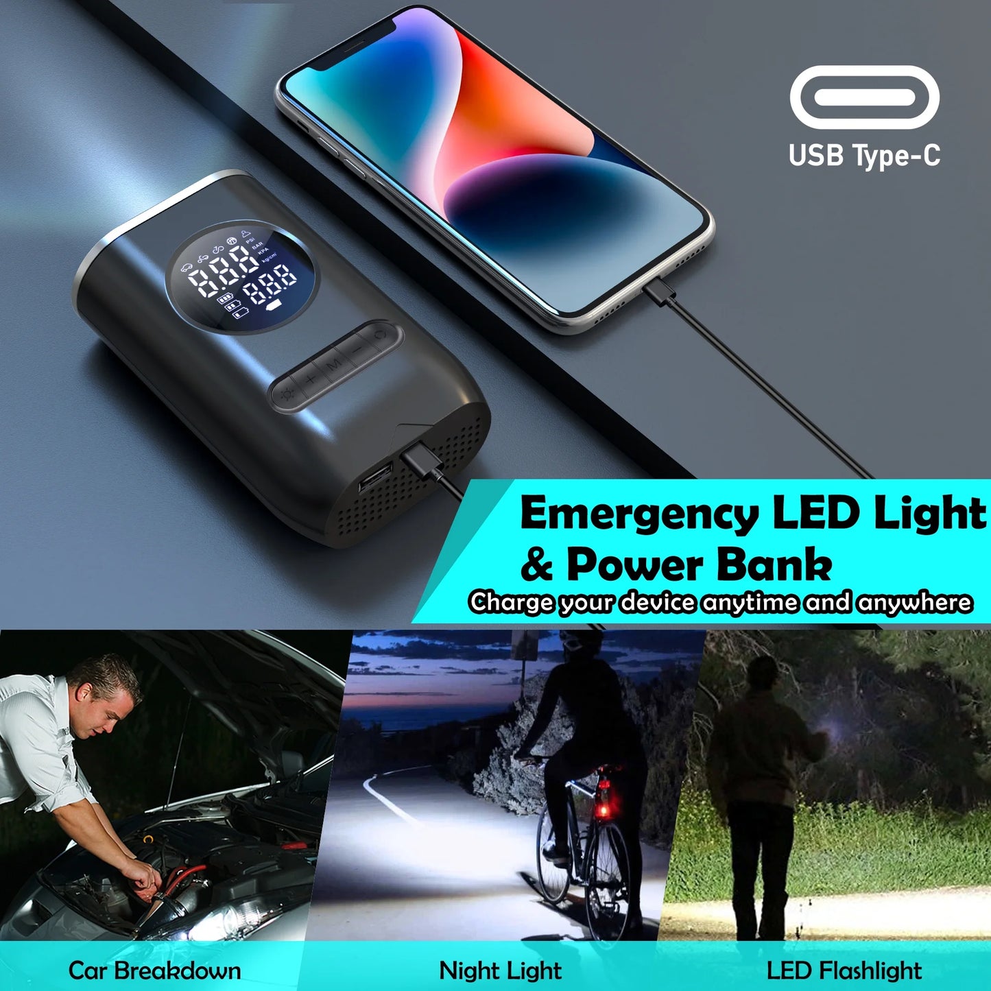 Tire Inflator Portable Air Compressor, 150PSI Cordless Air Pump for Car Tires with Digital Pressure Gauge, Rechargeable Tire Pump with LED Light for Car Bike Motorcycles Balls