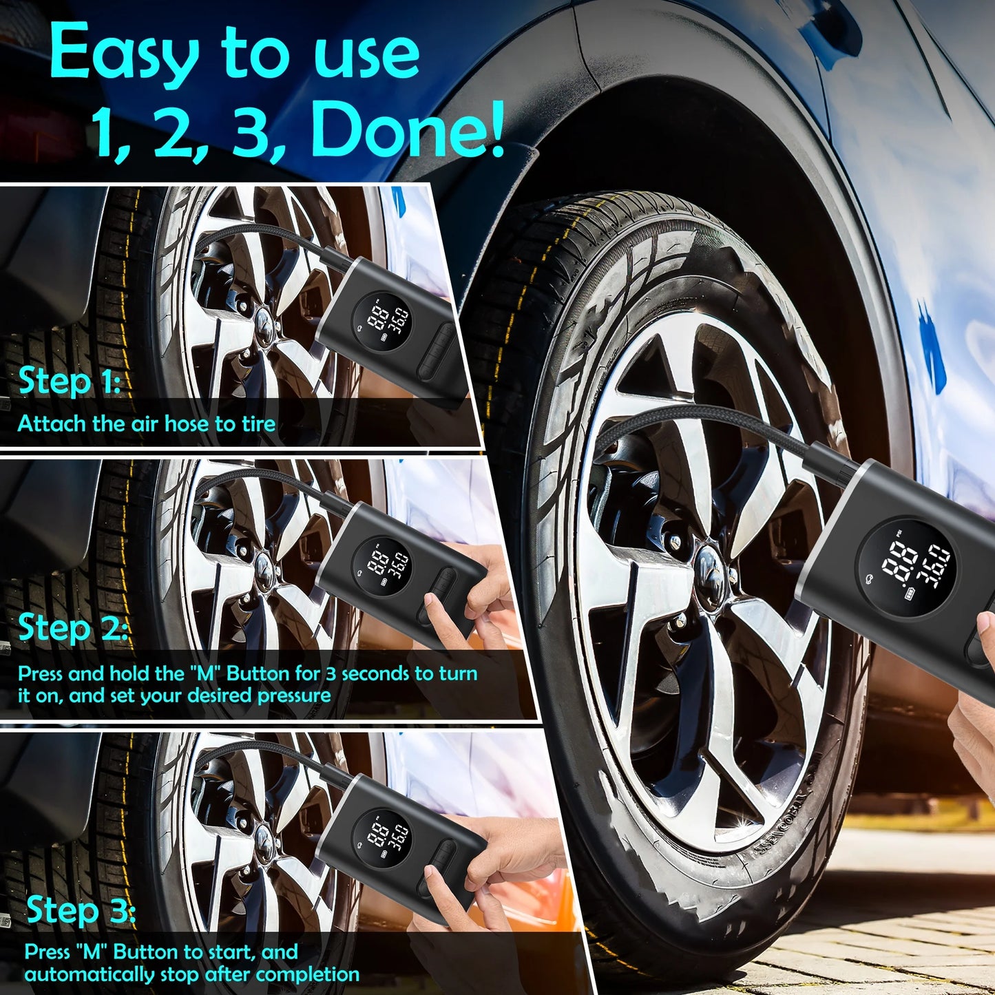 Tire Inflator Portable Air Compressor, 150PSI Cordless Air Pump for Car Tires with Digital Pressure Gauge, Rechargeable Tire Pump with LED Light for Car Bike Motorcycles Balls