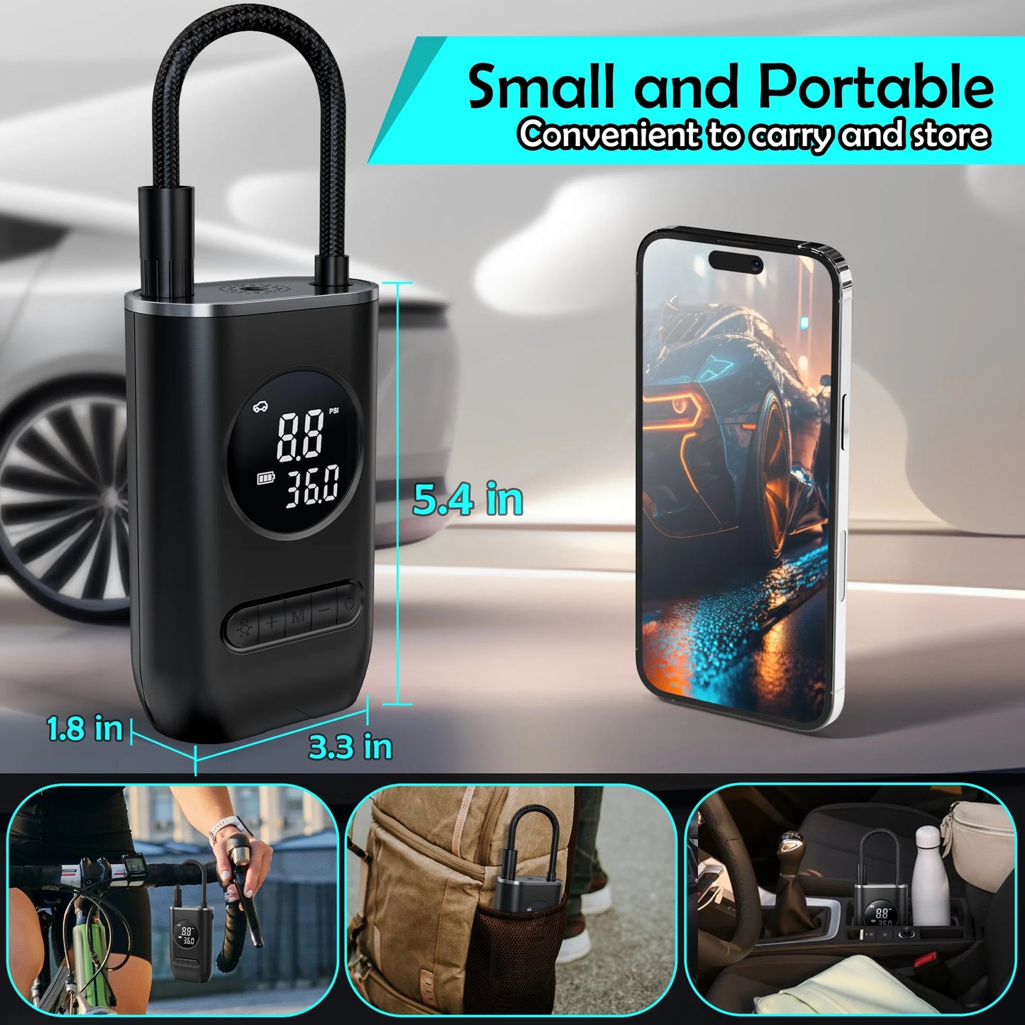 Tire Inflator Portable Air Compressor, 150PSI Cordless Air Pump for Car Tires with Digital Pressure Gauge, Rechargeable Tire Pump with LED Light for Car Bike Motorcycles Balls