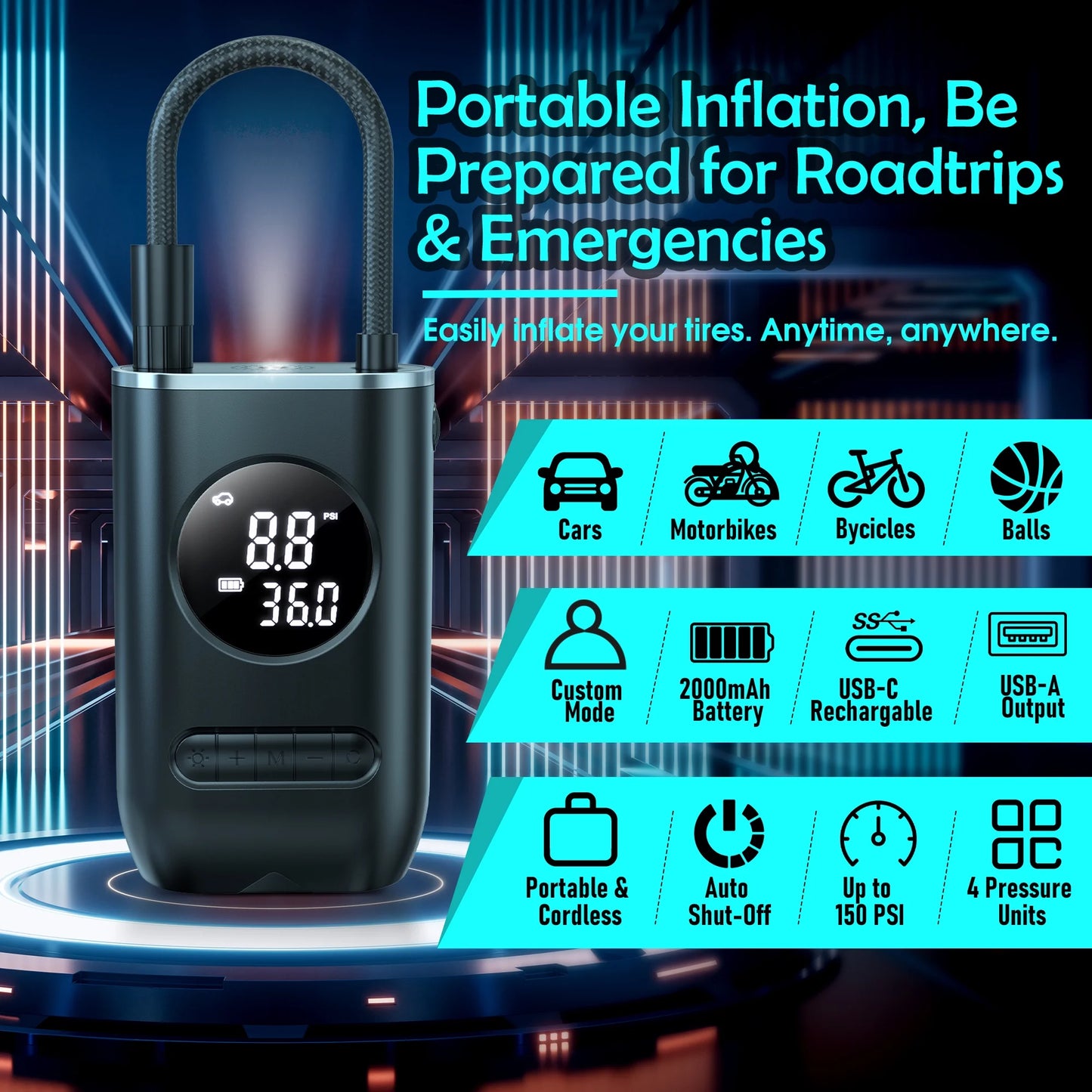 Tire Inflator Portable Air Compressor, 150PSI Cordless Air Pump for Car Tires with Digital Pressure Gauge, Rechargeable Tire Pump with LED Light for Car Bike Motorcycles Balls